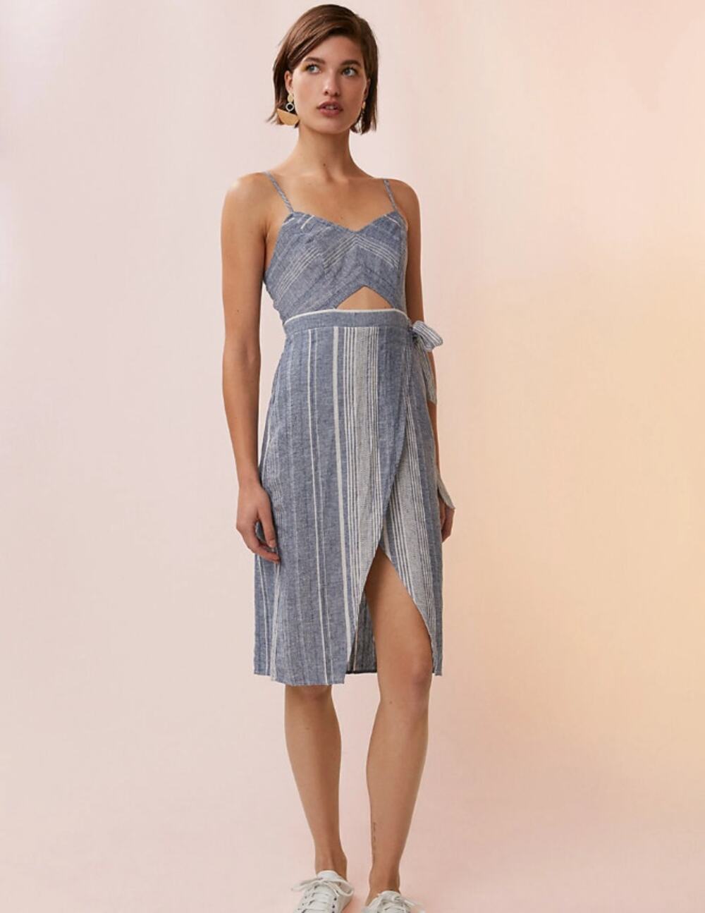 Express Striped Cut-Out Chambray Linen-Blend Midi Dress Women's Size 6 Blue NWT